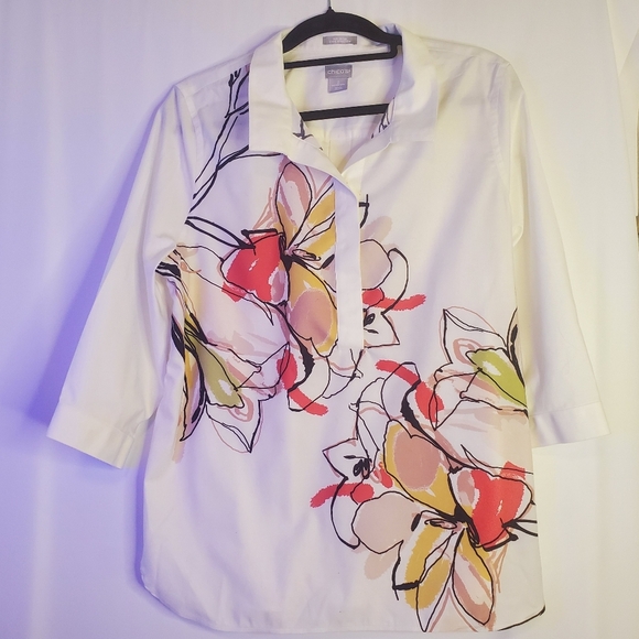 Chico's Tops - CHICO'S Size 2 White button front & back, floral painted 3/4 sl blouse